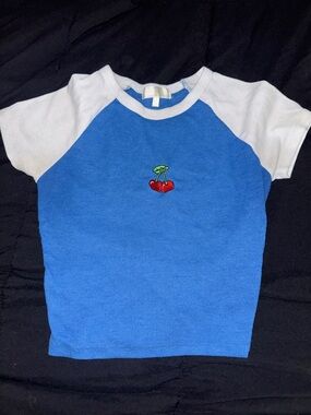 Blue & White Raglan Kids Tee with Cherry Embroidery